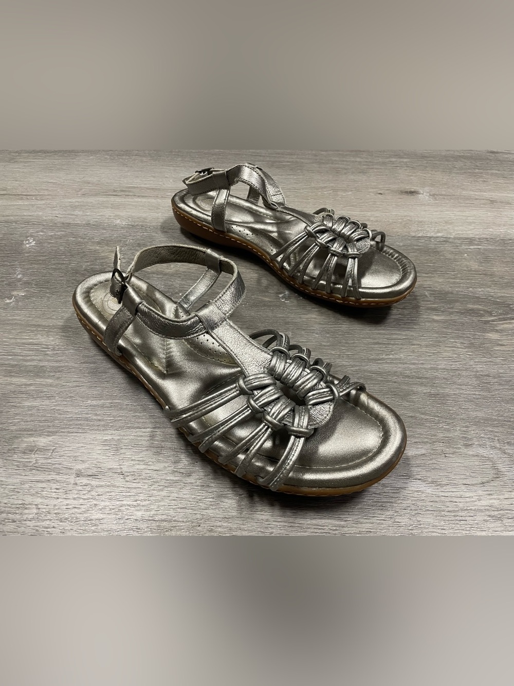 Nurture by Lamaze Silver Woven Leather Sandals Ankle Strap Sz 9.5M